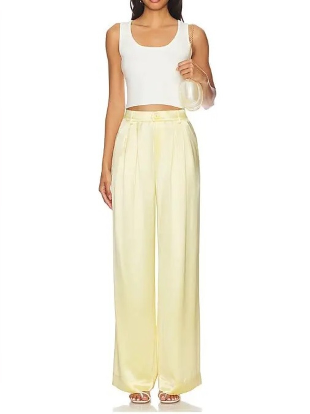 CAMI NYC Davina Sunlight Pale Yellow Wide Leg Satin Trousers Flowy & Silky Pants - Picture 2 of 16